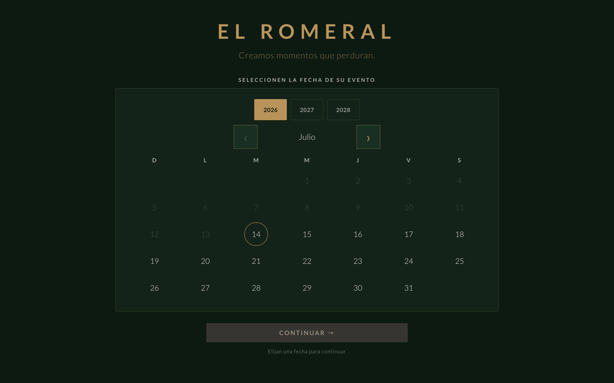 Asesoría Virtual de El Romeral: pantalla en verde y oro con el titular ‘El Romeral’ y un calendario para seleccionar la fecha del evento.