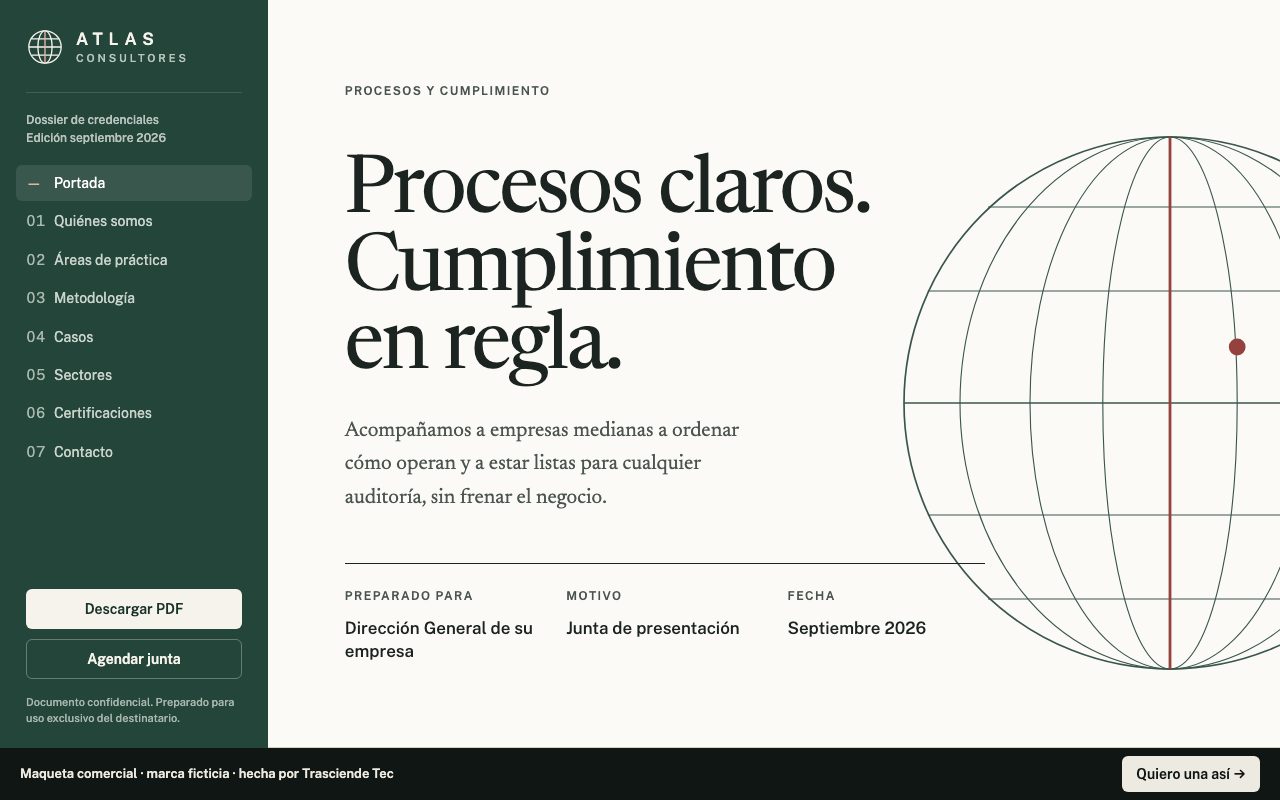Maqueta del dossier de credenciales de Atlas Consultores