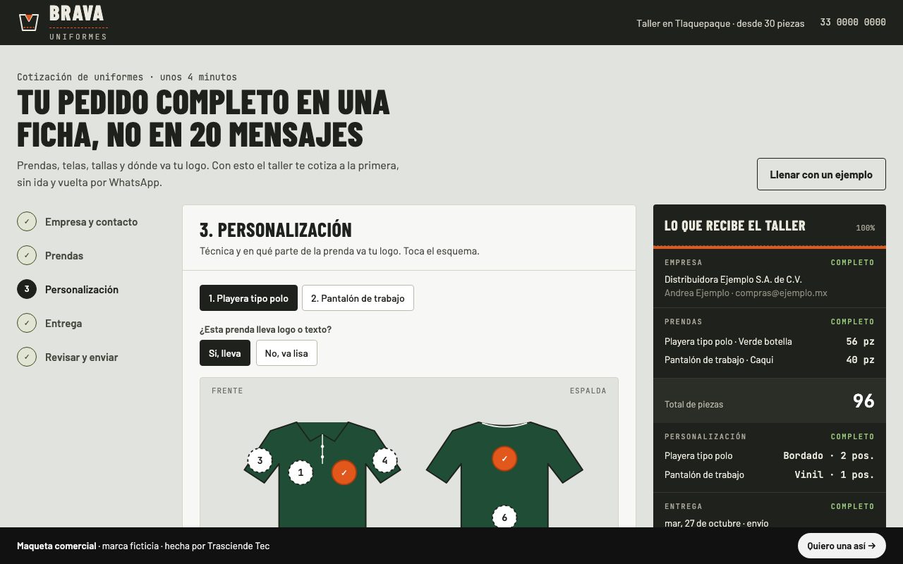 Maqueta del formulario técnico de Uniformes Brava