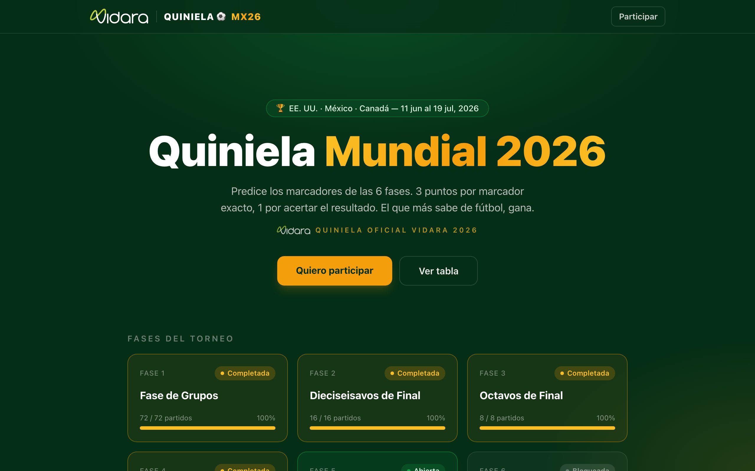 Quiniela Mundial 2026: landing en verde oscuro con el titular ‘Quiniela Mundial 2026’ y tarjetas de las fases del torneo.
